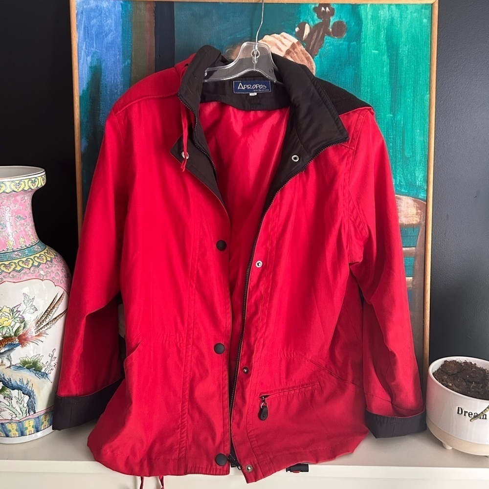 Apropos Vintage Women's Bright Red Pea Coat with Black Trim